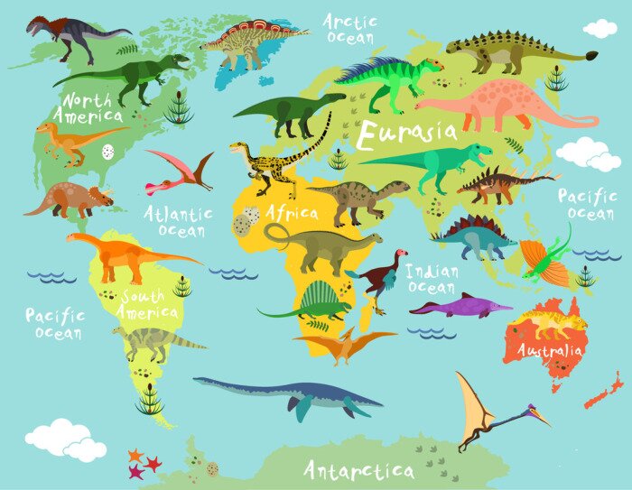 Papier peint  Dinosaures sur une carte du monde