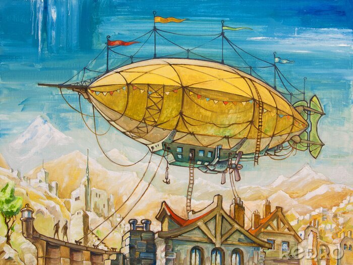 Papier peint  Dirigeable au-dessus d'un village