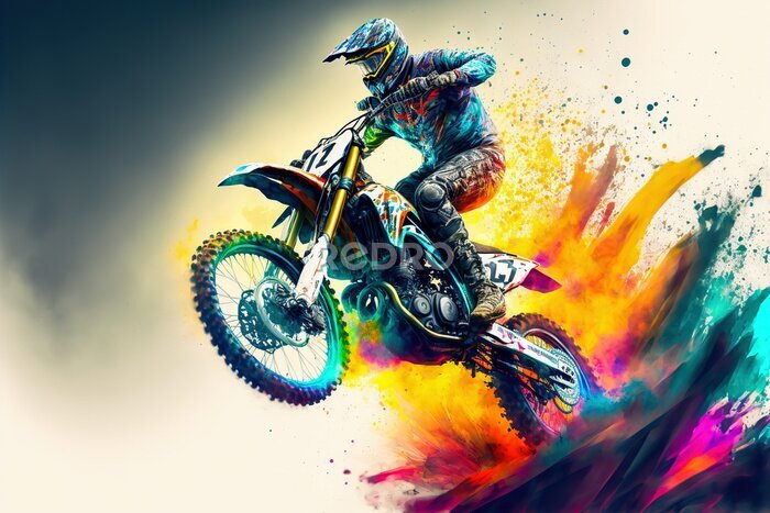 Papier peint  Dirt bike rider doing a big jump. Supercross, motocross, high speed. Sport concept. Digital art