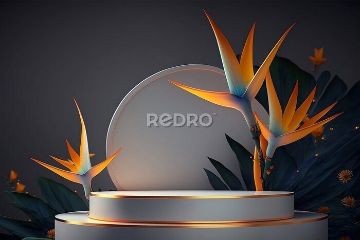 Papier peint  Display abstract minimal podium product package mock up presentation show cosmetic stage pedestal platform with strelitzia flowers. Generative AI