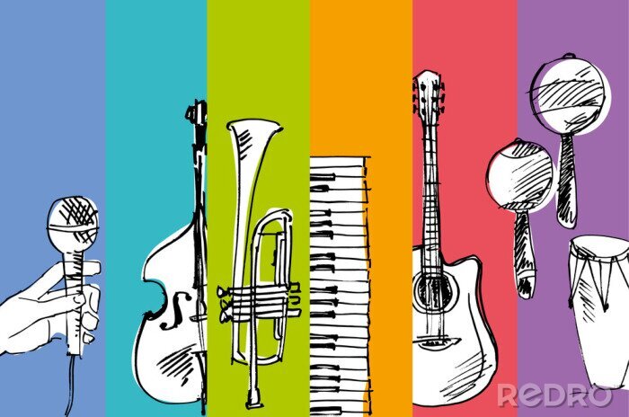 Papier peint  Divers instruments de musique sur un fond coloré
