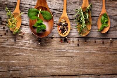 Papier peint  Diverses épices et herbes disposées sur des cuillères en bois