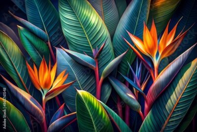Papier peint  Dramatic Illustration of exotic Strelitzia leaves with bold lines, deep shadows, and rich jewel tones, evoking a mysterious and luxurious atmosphere.