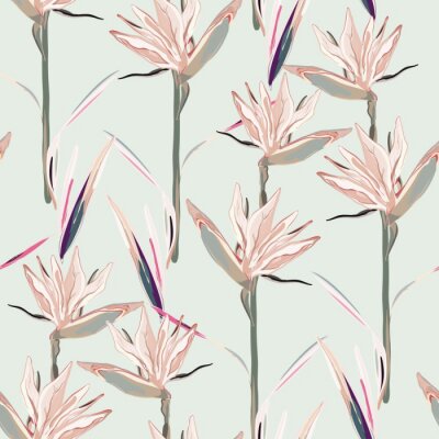 Papier peint  Drawing of a yellow Strelitzia flower on a cream, light beige background. Seamless vector floral pattern. Simple square repeating design for fabric and wallpaper