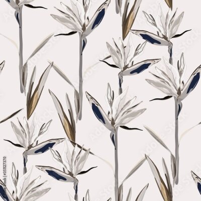 Papier peint  Drawing of a yellow Strelitzia flower on a cream, light beige background. Seamless vector floral pattern. Simple square repeating design for fabric and wallpaper