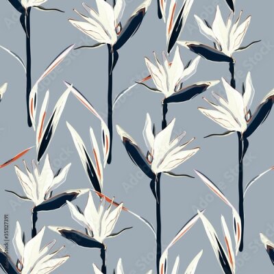 Papier peint  Drawing of a yellow Strelitzia flower on a cream, light beige background. Seamless vector floral pattern. Simple square repeating design for fabric and wallpaper