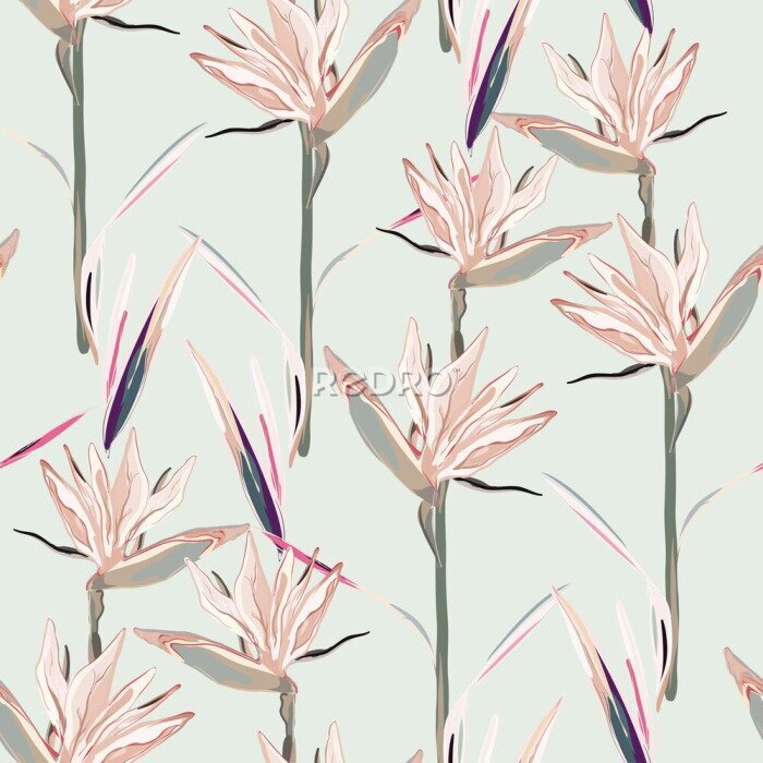 Papier peint  Drawing of a yellow Strelitzia flower on a cream, light beige background. Seamless vector floral pattern. Simple square repeating design for fabric and wallpaper