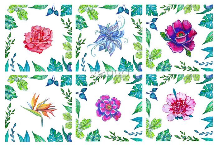 Papier peint  Drawn design banner with summer 
leaves and flower peony, anemone, strelitzia, rose. Card for summer season with 
leaves, herb. Promotion offer with spring plants, leaves and decoration.