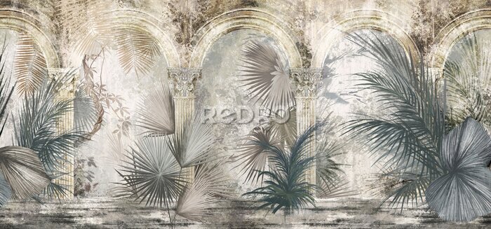 Papier peint  Drawn tropical, exotic plants and leaves among the columns. Floral background for mural, wallpaper, photo wallpaper, postcard, card. Loft, modern, classic design.
