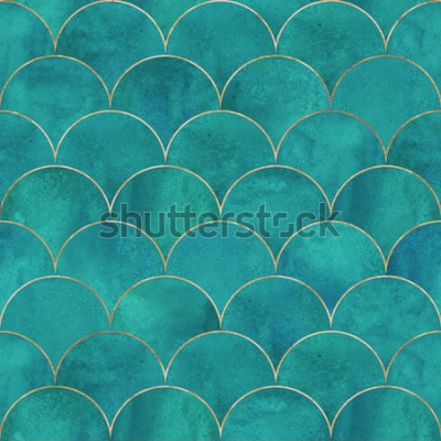Papier peint  Écailles turquoise aux lignes dorées