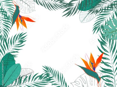 Papier peint  Eco tropical template with place for text. Jungle exotic frame of strelitzia flowers, palm leaves, monstera leaves, frangipani. EPS8 vector illustration