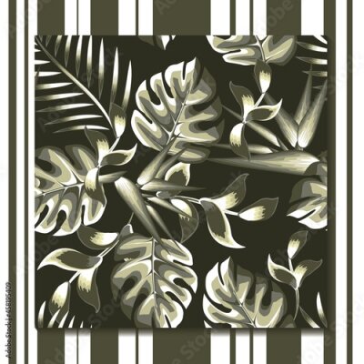 Papier peint  elegance monstera and palm leaves tropical seamless pattern on dark background with strelitzia flower drawing very fashionable. floral background. summer design. jungle print