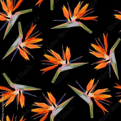 Papier peint  Elegance seamless pattern in vintage style with Strelitzia flowers.  Exotic plants. Summer beach floral design. Paradise nature. Black backdrop.