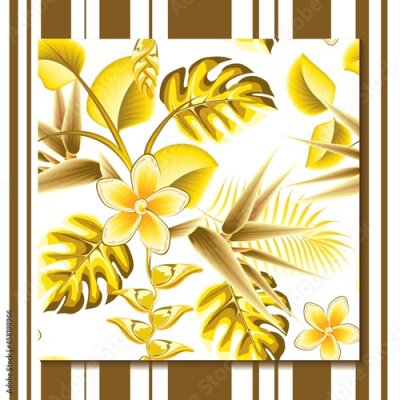 Papier peint  elegance yellow frangipani flower, monstera and palm leaves tropical plants seamless pattern on white background with abstract strelitzia and heliconia flower. Exotic summer