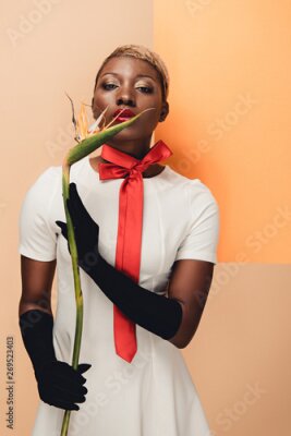 Papier peint  elegant african american woman in black gloves posing with Strelitzia flower on beige and orange
