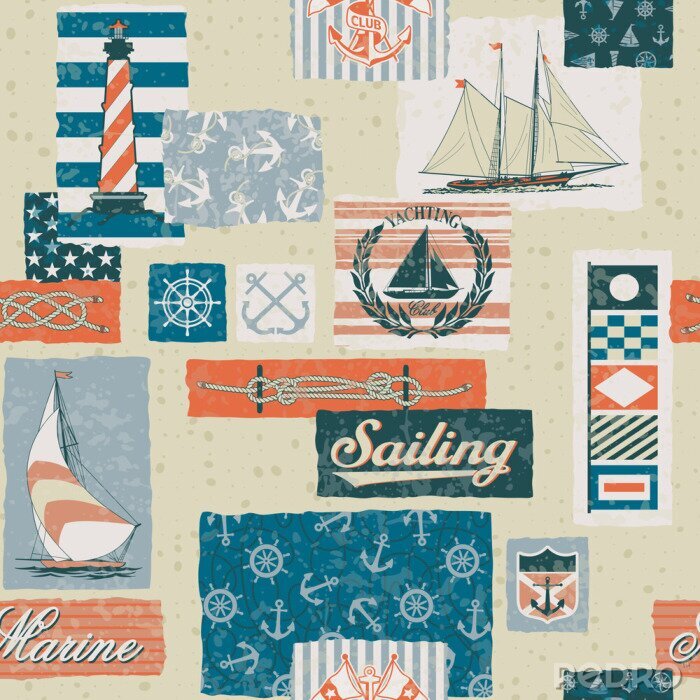Papier peint  Éléments vectoriels nautiques patchwork - seamless