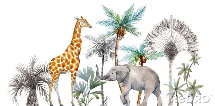 Papier peint  Éléphant et girafe sur fond de palmiers