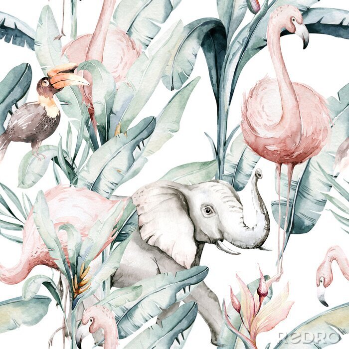 Papier peint  Éléphant et oiseaux exotiques parmi les feuilles