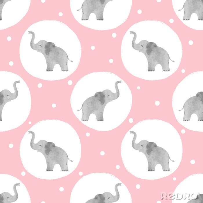 Papier peint  Éléphants à pois sur fond rose