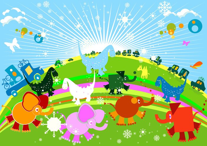 Papier peint  Éléphants, dinosaures et voitures