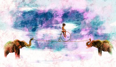 Papier peint  Eléphants et garçon en bicyclette