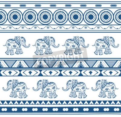 Papier peint  Eléphants éthniques bleus