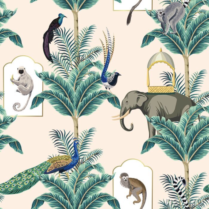 Papier peint  Éléphants exotiques singes et plantes
