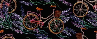 Embroidery lavender flowers and bicycle horizontal seamless pattern. Summer and spring floral art. Lifestyle concept. Fashion template for clothes, t-shirt design