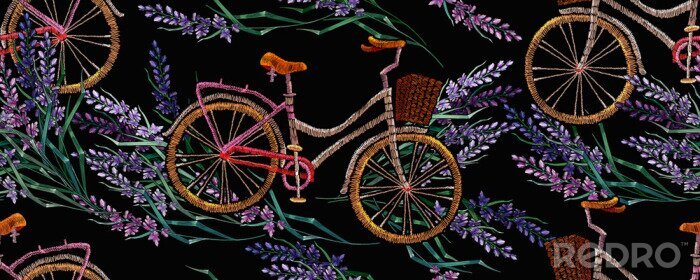 Papier peint  Embroidery lavender flowers and bicycle horizontal seamless pattern. Summer and spring floral art. Lifestyle concept. Fashion template for clothes, t-shirt design