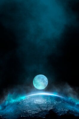 Empty futuristic dramatic scene. Abstract dark landscape, street. Neon light fluid element. Night view, neon blue light. Fantasy background. 3D illustration