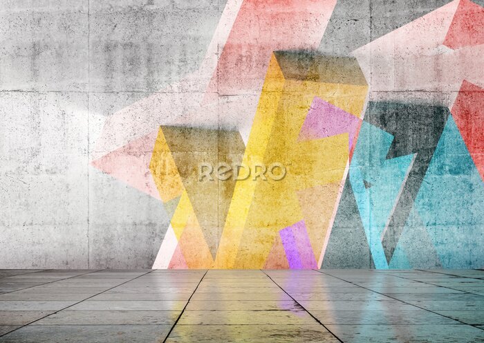 Papier peint  Empty room with colorful geometric graffiti, 3d