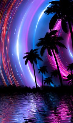Empty tropical background of night sea beach. Silhouettes of tropical palm trees on a background of bright sunset. 3d illustration
