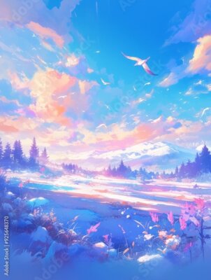 Papier peint  Enchanting Winter Wonderland: AI-Generated Anime-Style 4K Landscape with Strelitzia in Snow. Dreamy Frosty Paradise featuring Vibrant Blue Sky and Exotic Flowers. Magical 2025 Winter Scene for Seasona