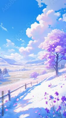 Papier peint  Enchanting Winter Wonderland: AI-Generated Anime-Style 4K Landscape with Strelitzia in Snow. Dreamy Frosty Paradise featuring Vibrant Blue Sky and Exotic Flowers. Magical 2025 Winter Scene for Seasona