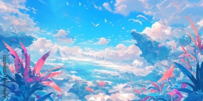 Papier peint  Enchanting Winter Wonderland: AI-Generated Anime-Style 4K Landscape with Strelitzia in Snow. Dreamy Frosty Paradise featuring Vibrant Blue Sky and Exotic Flowers. Magical 2025 Winter Scene for Seasona