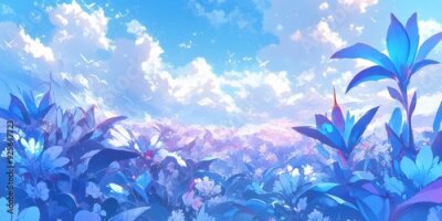 Papier peint  Enchanting Winter Wonderland: AI-Generated Anime-Style 4K Landscape with Strelitzia in Snow. Dreamy Frosty Paradise featuring Vibrant Blue Sky and Exotic Flowers. Magical 2025 Winter Scene for Seasona