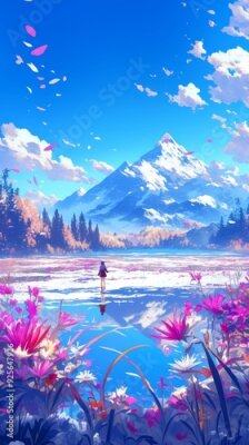 Papier peint  Enchanting Winter Wonderland: AI-Generated Anime-Style 4K Landscape with Strelitzia in Snow. Dreamy Frosty Paradise featuring Vibrant Blue Sky and Exotic Flowers. Magical 2025 Winter Scene for Seasona