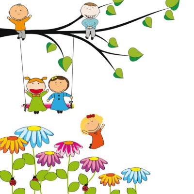 Papier peint  Enfants sur un arbre et une balançoire