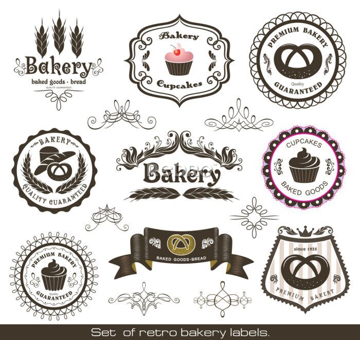 Papier peint  Ensemble d'étiquettes de boulangerie rétro vintage et des éléments de décoration.