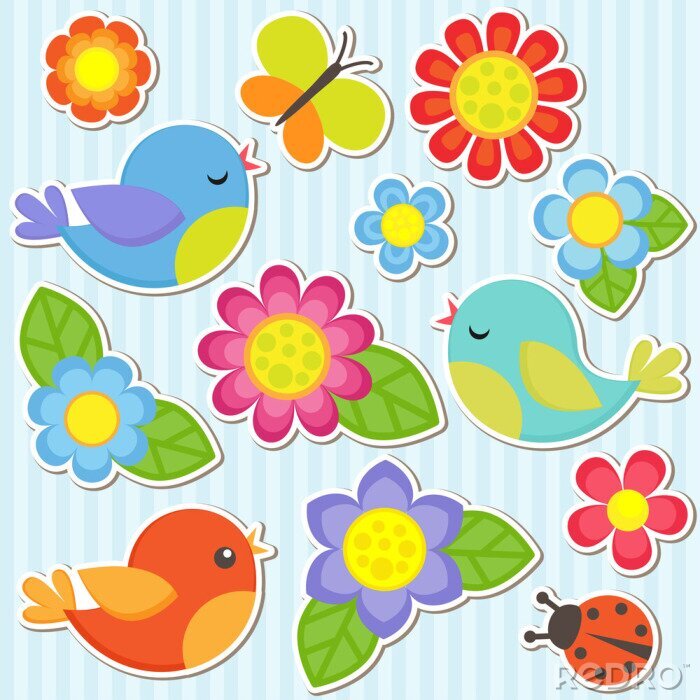 Papier peint  Ensemble de fleurs et d'oiseaux