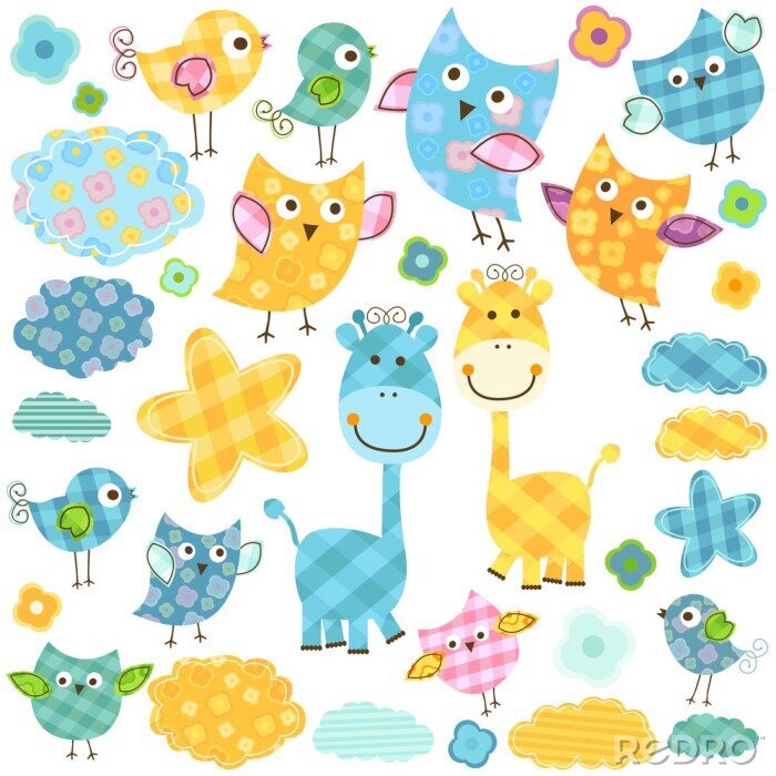 Papier peint  Ensemble de graphiques colorés oiseaux girafes nuages