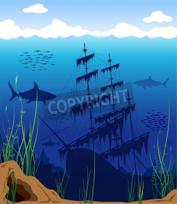 Papier peint  Epave et requins sous l'eau