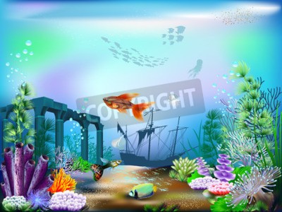 Papier peint  Épave sous-marine d'un bateau et poissons