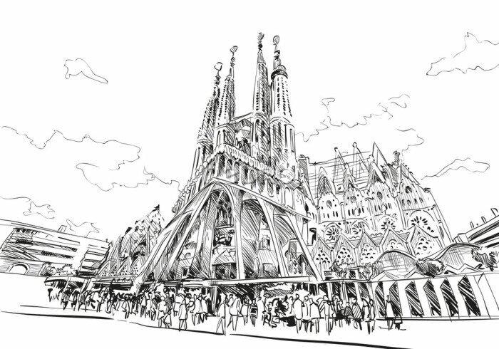 Papier peint  Esquisse exposant la basilique de la Sagrada Familia en Espagne