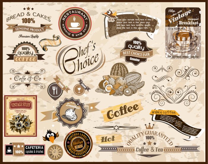 Papier peint  Etiquettes rétro sur fond marron