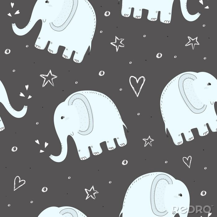 Papier peint  Étoiles et coeurs d'éléphants bleus