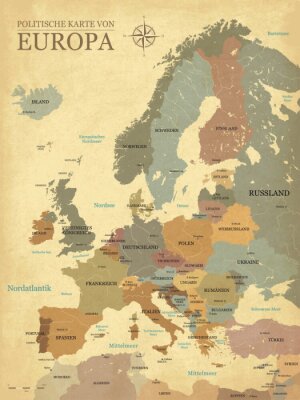 Europakarte mit hauptstädten - Vintage effekt - Version Deutsch - Vektor