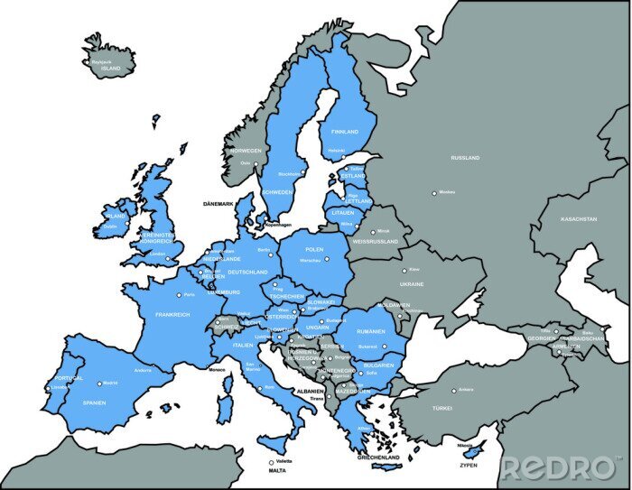 Papier peint  Europakarte UE non UE mit Hauptstädten und Ländernamen, Vecteur
