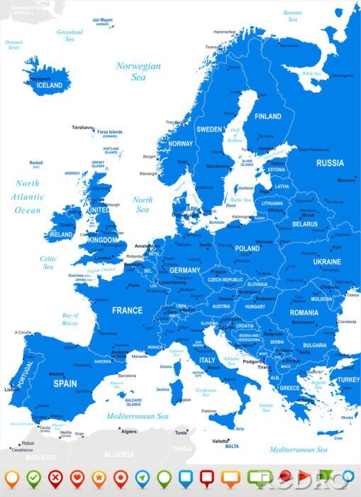 Papier peint  Europe - Carte et navigation icons.Highly vecteur détaillée illustration.Image contient prochaines couches: les contours de la terre, les noms de pays et de la terre, les noms de ville, les noms d'obj