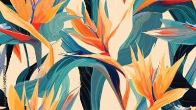 Papier peint  Exotic abstract tropical pattern with strelitzia flower or bird of paradise. Colorful botanical abstract contemporary seamless pattern